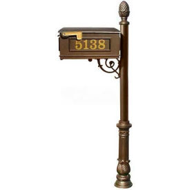 Lewiston Mailbox Post (Ornate Base & Pineapple Finial) with Vinyl Numbers Support Brace Bronze
