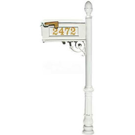 Qualarc LMCV-703-WHT Lewiston Mailbox, Post (Ornate Base & Pineapple Finial), with Vinyl Numbers, Support Brace, White image.