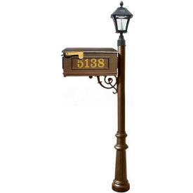 Mailbox Post (Fluted Base & Black Bayview Solar Lamp) with Vinyl Numbers Support Brace Bronze