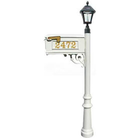 Qualarc LMCV-800-SL-WHT Mailbox, Post (Fluted Base & Black Bayview Solar Lamp), with Vinyl Numbers, Support Brace, White image.