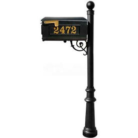 Lewiston Mailbox Post (Fluted Base & Ball Finial) with Vinyl Numbers Support Brace Black