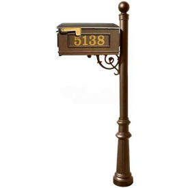 Qualarc LMCV-804-BZ Lewiston Mailbox, Post (Fluted Base & Ball Finial), with Vinyl Numbers, Support Brace, Bronze image.