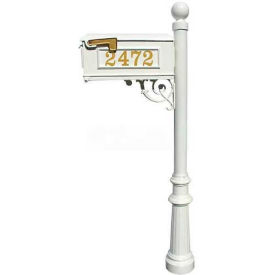 Qualarc LMCV-804-WHT Lewiston Mailbox, Post (Fluted Base & Ball Finial), with Vinyl Numbers, Support Brace, White image.