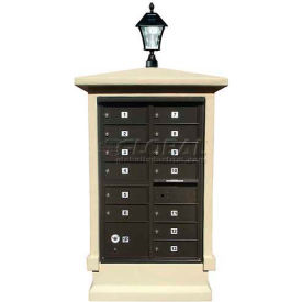 Qualarc STUCOL-SHRT-SS-SL Stucco CBU Mailbox Center, SHORT Pedestal (Column Only) in Sandstone Color with Bayview Solar Lamp image.