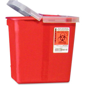 Covidien CVDSRHL100990 Covidien 2-Gallon Biohazard Sharps Container with Hinged Lid, 10-1/2"W x 7-1/4"D x 10"H, Red image.