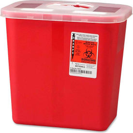 Covidien CVDSRRO100970 Covidien 2-Gallon Biohazard Sharps Container with Rotor Opening Lid, 10-1/2"W x 7-1/4"D x 10"H, Red image.