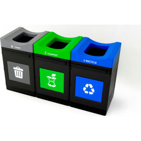 Commercial Zone® Avante 3-Stream Standard Open Top Recycling Can 55 Gal. Cap. Gray/Blue/Green 