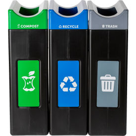 Commercial Zone® Avante 3-Stream Narrow Open Top Recycling Can 30 Gal. Cap. Gray/Blue/Green 