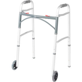 Drive Medical 10210-1 Drive Medical Deluxe Two Button Folding Walker with 5" Wheels, 17-1/2"L x 24"W, 32"- 39"H, Silver image.
