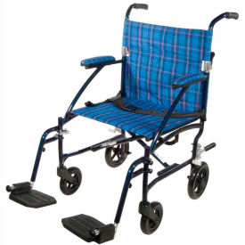Drive Medical DFL19-BL Fly-Lite Aluminum Transport Chair, Blue Frame, Blue Plaid Upholstery image.