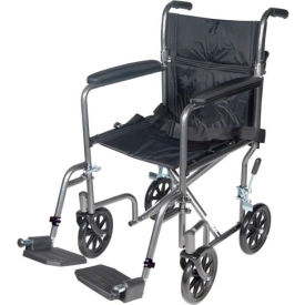 Drive Medical TR39E-SV Lightweight Steel Transport Wheelchair, 19"W Seat, Silver Vein Frame and Black Upholstery image.