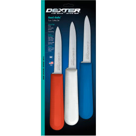 Dexter Russell Inc 15493 Dexter Russell 15493 - 3 PK Paring Knives, High Carbon Steel, Stamped, Red, White, Blue, 3-1/4"L image.