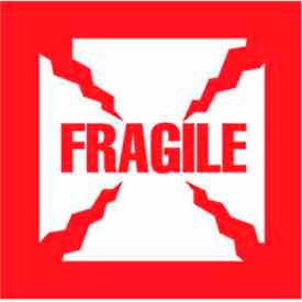 Decker Tape Products DL1010 Paper Labels w/ "Fragile" Print, 4"L x 4"W, White & Red, Roll of 500 image.