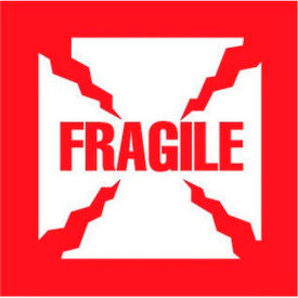 Decker Tape Products DL1020 Paper Labels w/ "Fragile" Print, 2-1/2"L x 2-1/2"W, White & Red, Roll of 500 image.