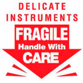 Decker Tape Products DL1080 Paper Labels w/ "Fragile Delicate Instrument" Print, 3"L x 3"W, White & Red, Roll of 500 image.