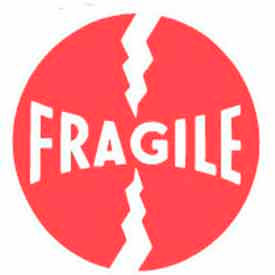 Decker Tape Products DL1140 Paper Labels w/ "Fragile Circle" Print, 4"L x 4"W, White & Red, Roll of 500 image.