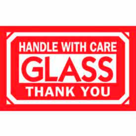 Decker Tape Products DL1230 Paper Labels w/ "Glass Handle w/ Care Thank You" Print, 5"L x 3"W, White & Red, Roll of 500 image.