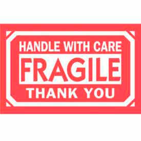 Decker Tape Products DL1260 Paper Labels w/ "Fragile Handle w/ Care Thank You" Print, 3"L x 2"W, Red & White, Roll of 500 image.
