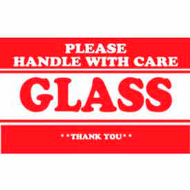 Decker Tape Products DL1280 Paper Labels w/ "Glass Please Handle w/ Care Thank You" Print, 5"L x 3"W, Red/White, Roll of 500 image.