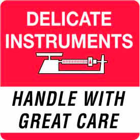 Decker Tape Products DL1347 Delicate Instruments Handle w/ Care" Labels, 4"L x 4"W, Red/White, Roll of 500 image.