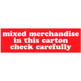 Decker Tape Products DL1431 Labels w/ "Mixed Merchandise In This Carton Check Carefully" Print, 6"L x 2"W, Red, Roll of 500 image.