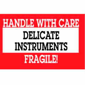 Decker Tape Products DL1461 Delicate Instruments Handle w/ Care" Labels, 3"L x 2"W, Red/White, Roll of 500 image.