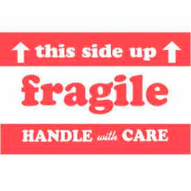 Decker Tape Products DL1520 Paper Labels w/ "Fragile This Side Up Handle w/ Care" Print, 5"L x 3"W, Red/White, Roll of 500 image.