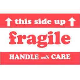 Decker Tape Products DL1530 Paper Labels w/ "Fragile This Side Up Handle w/ Care" Print, 3"L x 2"W, Red & White, Roll of 500 image.