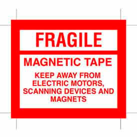 Decker Tape Products DL1534 Paper Labels w/ "Fragile Magnetic Tape" Print, 4-3/4"L x 4"W, White & Red, Roll of 500 image.