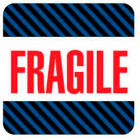 Decker Tape Products DL1540 Paper Labels w/ "Fragile" Print, 4"L x 4"W, Black/Blue/Red/White, Roll of 500 image.