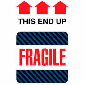 Decker Tape Products DL1550 Paper Labels w/ "Fragile This End Up" Print, 4"L x 6"W, White/Red/Black/Blue, Roll of 500 image.