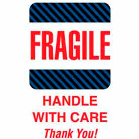 Decker Tape Products DL1560 Paper Labels w/ "Fragile Handle w/ Care Thank You" Print, 4"L x 6"W, White/Black/Blue, Roll of 500 image.