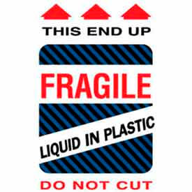 Decker Tape Products DL1580 Paper Labels w/ "Fragile Liquid In Plastic Do Not Cut" Print, 4"L x 6"W, White/Red/Blue, Roll of 500 image.