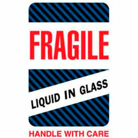 Decker Tape Products DL1590 Labels w/ "Fragile Liquid In Glass Handle w/ Care" Print, 4"L x 6"W, White/Black/Blue, Roll of 500 image.