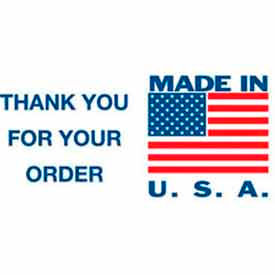 Decker Tape Products DL1630 Paper Labels w/ "Made In USA Thank You" Print, 5"L x 3"W, White/Red/Blue, Roll of 500 image.