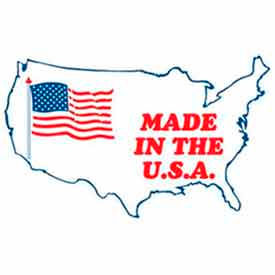 Decker Tape Products DL1640 Paper Labels w/ "Made In The USA" Print, 3"L x 2"W, White/Red/Blue, Roll of 500 image.