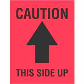 Decker Tape Products DL1720 Paper Labels w/ "Caution This Side Up" Print, 4"L x 3"W, Fluorescent Red & Black, Roll of 500 image.