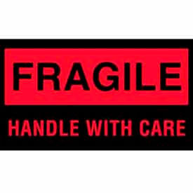 Decker Tape Products DL1770 Fragile Handle w/ Care" Labels, 5"L x 3"W, Fluorescent Red & Black, Roll of 500 image.