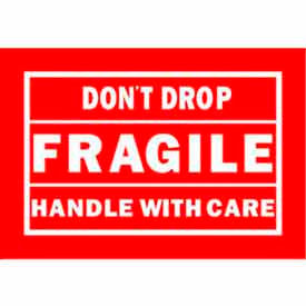 Decker Tape Products DL1775 Paper Labels w/ "Dont Drop Fragile Handle w/ Care" Print, 6"L x 4"W, Red & White, Roll of 500 image.