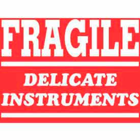 Decker Tape Products DL1779 Paper Labels w/ "Fragile Delicate Instrument" Print, 4"L x 3"W, Red & White, Roll of 500 image.