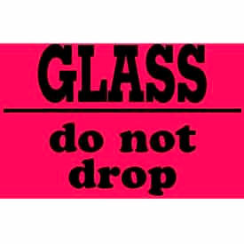 Decker Tape Products DL1784 Paper Labels w/ "Glass Do Not Drop" Print, 4"L x 3"W, Fluorescent Red & Black, Roll of 500 image.
