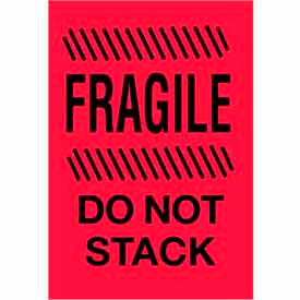 Decker Tape Products DL1785 Paper Labels w/ "Fragile Do Not Stack" Print, 6"L x 4"W, Fluorescent Red & Black, Roll of 500 image.