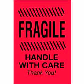 Decker Tape Products DL1786 Labels w/ "Fragile Handle w/ Care Thank You" Print, 6"L x 4"W, Fluorescent Red, Roll of 500 image.
