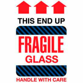Decker Tape Products DL1980 Paper Labels w/ "Fragile Glass This End Up" Print, 4"L x 6"W, White/Red/Black/Blue, Roll of 500 image.