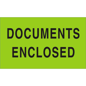 Decker Tape Products DL2141 Paper Labels w/ "Documents Enclosed" Print, 5"L x 3"W, Fluorescent Green & Black, Roll of 500 image.