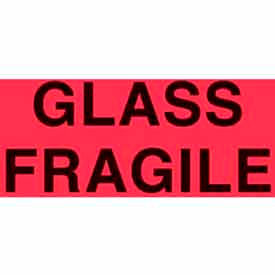 Decker Tape Products DL2442 Paper Labels w/ "Glass Fragile" Print, 5"L x 3"W, Fluorescent Red & Black, Roll of 500 image.