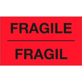 Decker Tape Products DL3012 Fragile" Print Bilingual Labels, 5"L x 3"W, Fluorescent Red, Roll of 500 image.