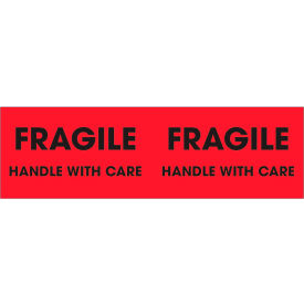 Decker Tape Products DL3131 Paper Labels w/ "Fragile Handle w/ Care" Print, 3"L x 10"W, Fluorescent Red, Roll of 500 image.