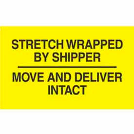Decker Tape Products DL3172 Paper Labels w/ "Stretch Wrapped By" Print, 5"L x 3"W, Bright Yellow & Black, Roll of 500 image.
