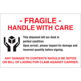 Decker Tape Products DL3191 Paper Labels w/ "Fragile Handle w/ Care" Print, 6"L x 4"W, White/Red/Black, Roll of 500 image.
